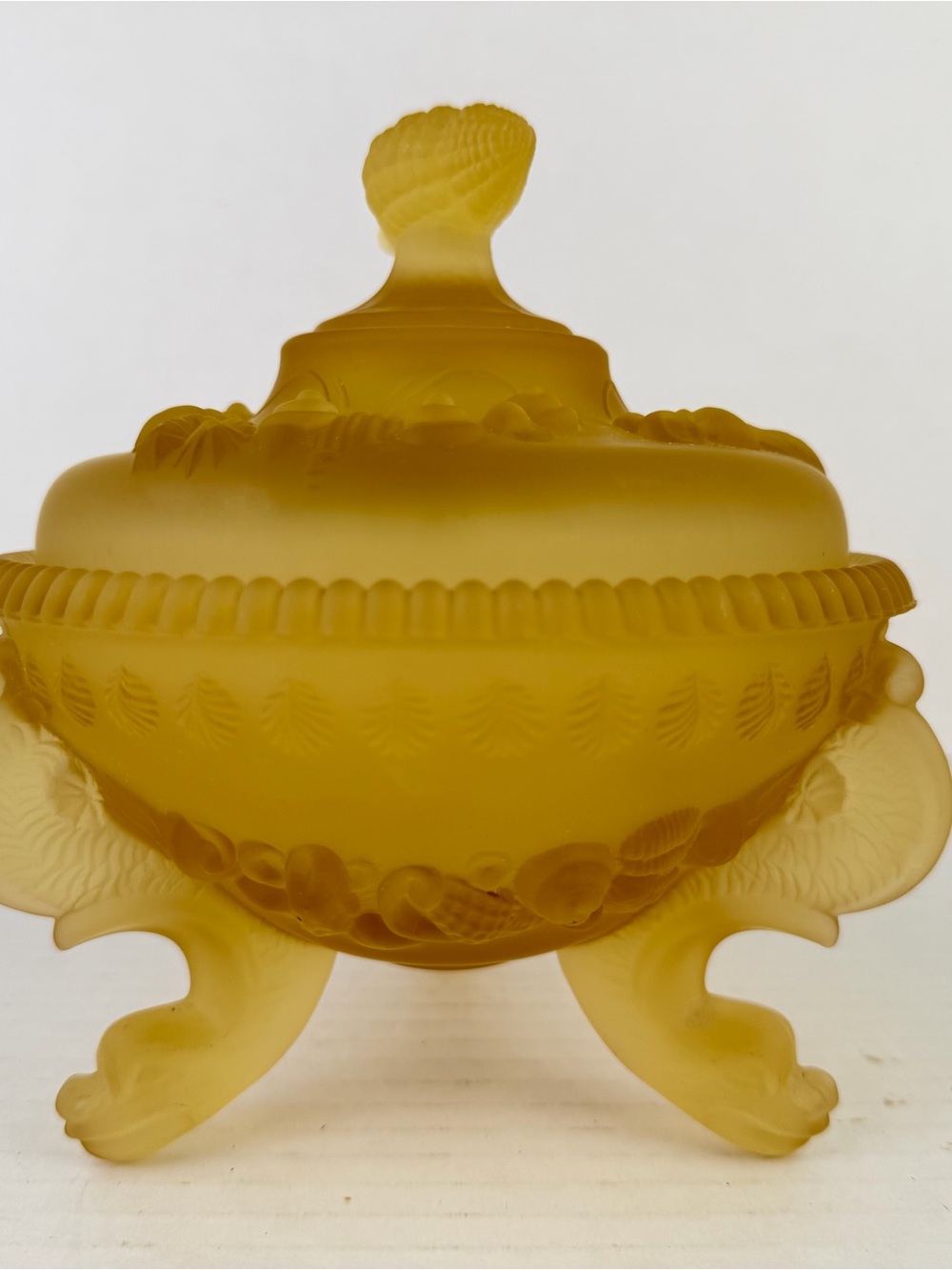 Westmoreland Yellow Satin Glass Lidded Dish Shell Dolphin Argonaut